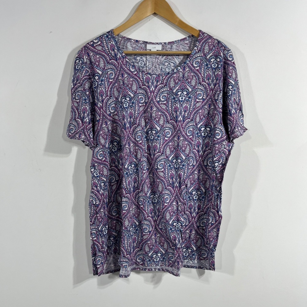 J. Jill Mature Lagenlook Paisley Print Short Sleeve Top Cotton Modal Purple XL